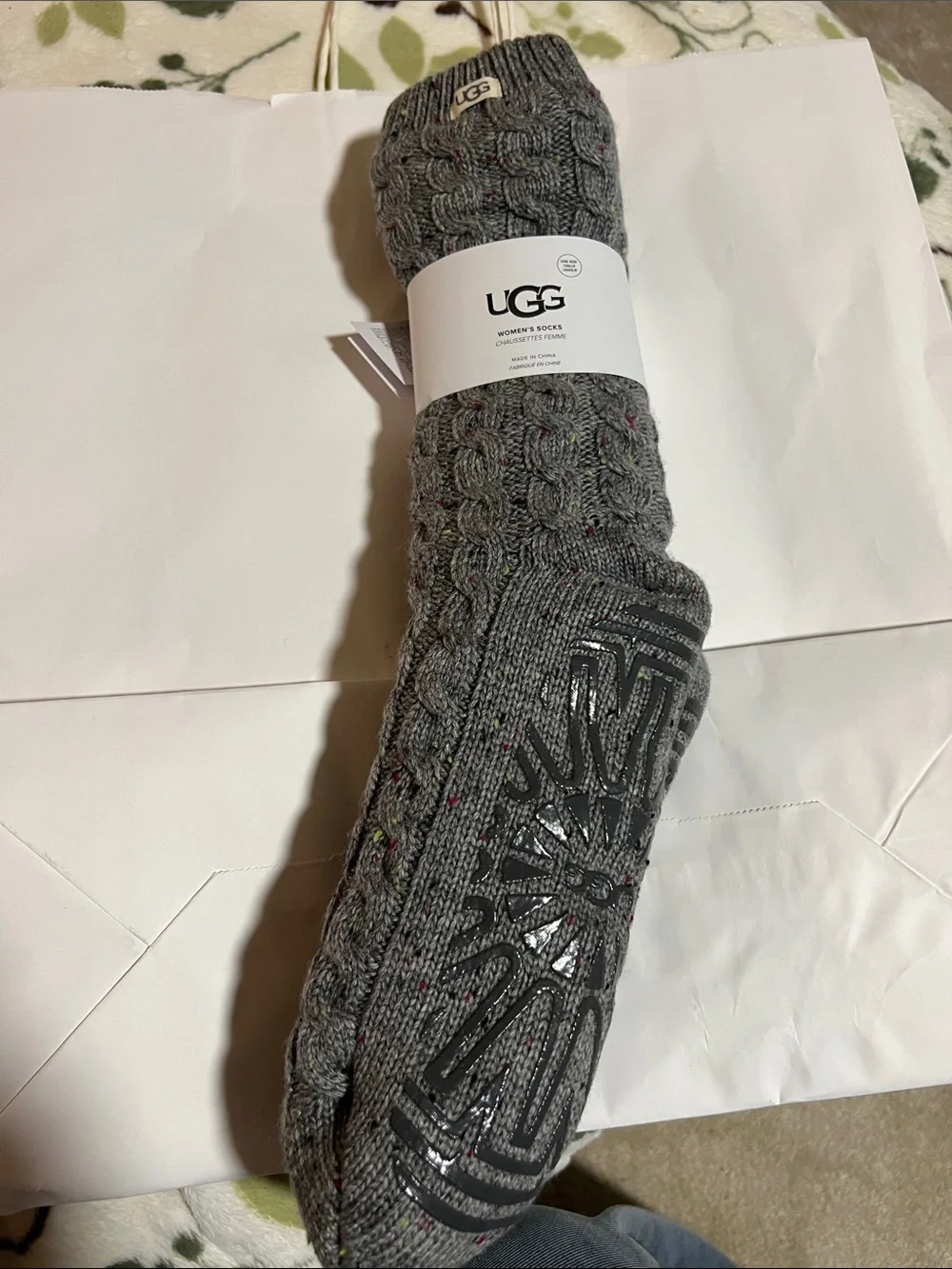UGG Gray Cable-Knit Gripper Socks with Multicolor Speckles